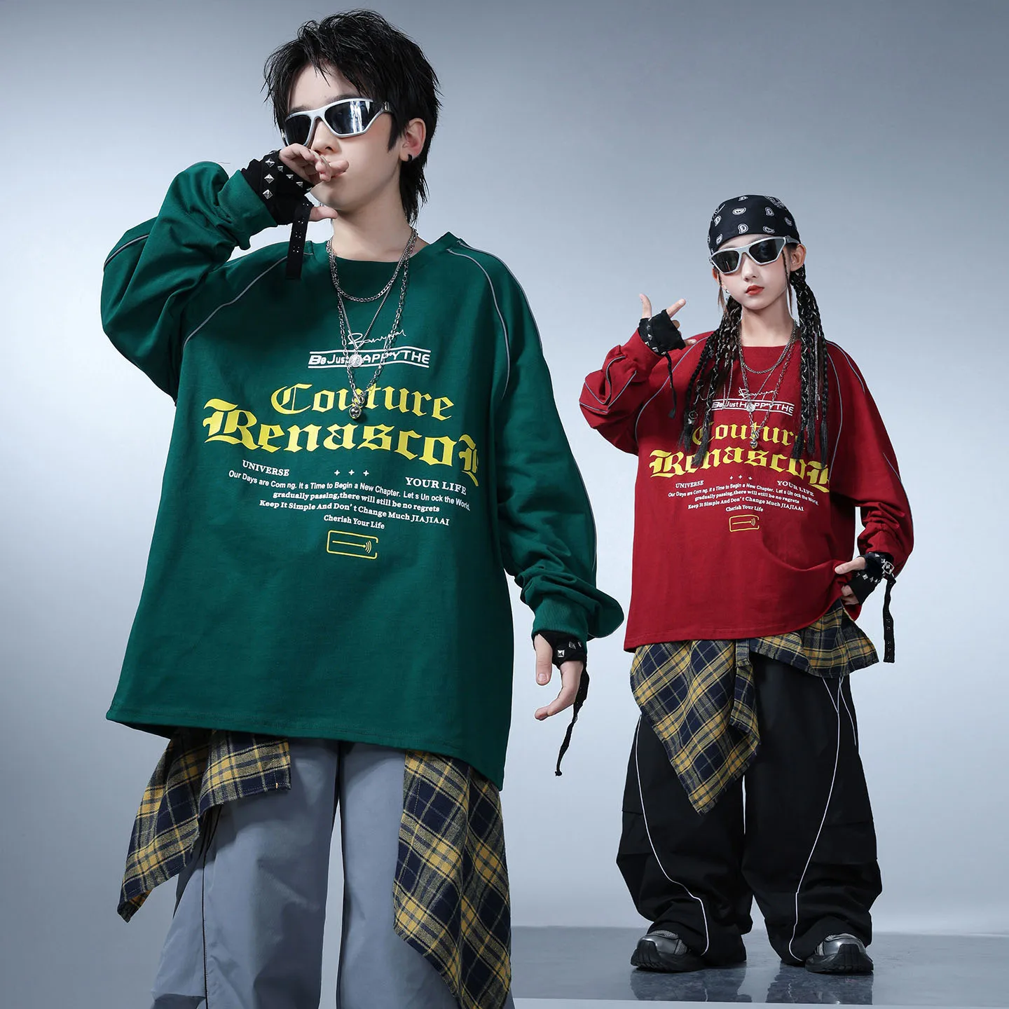 

Kid Kpop Hip Hop Clothing Green Red Letters Sweatshirt Black Casual Parachute Pants for Girl Boy Street Dance Costumes Clothes