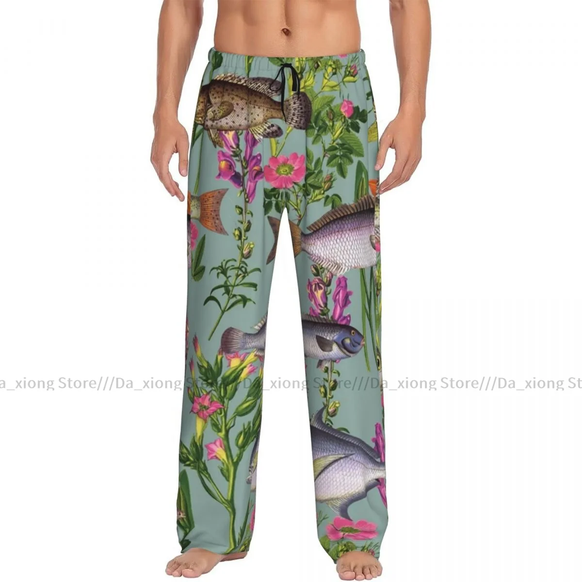 Pijamas de tiburón y peces de dibujos animados con plantas marinas para hombre, pantalones de dormir, pantalones de salón