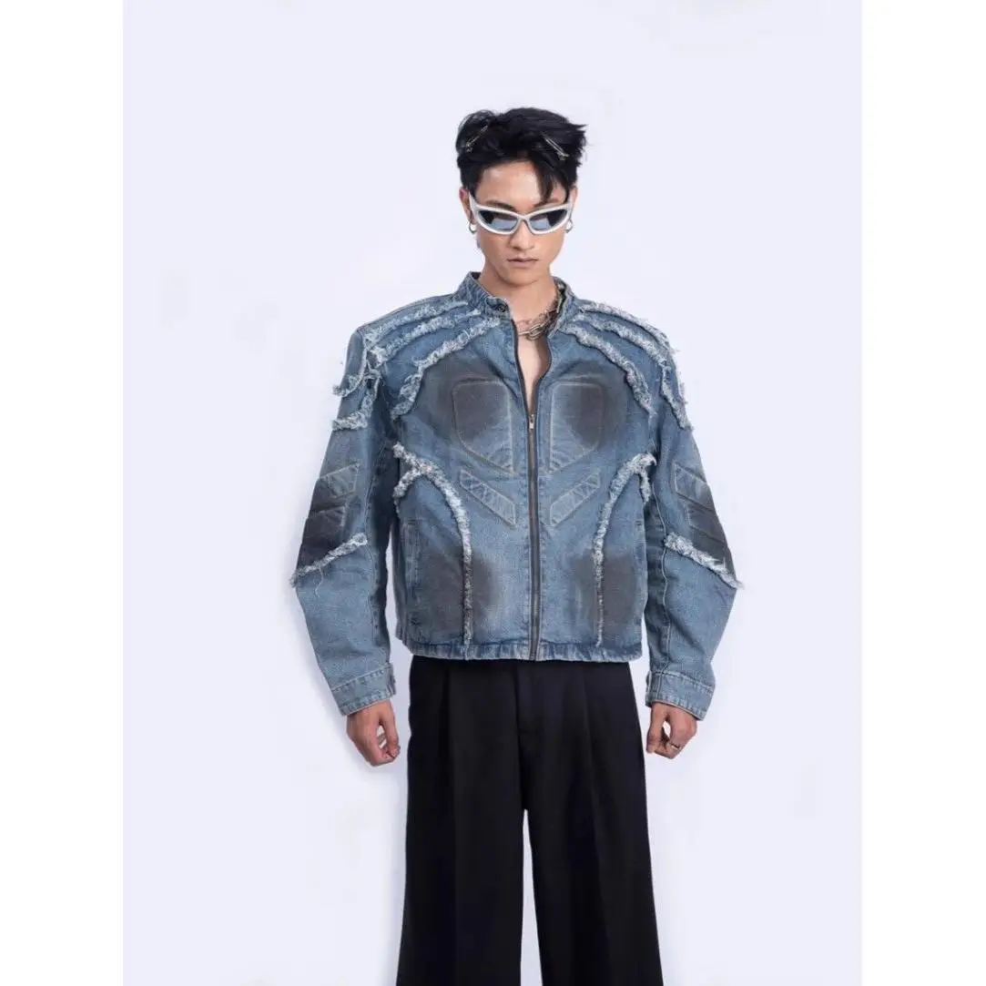 

Retro American Tassel Trimmed ort Motorcycle Jaet Outerwear Design Sensation oulder Pad Polyester Blend Youth Faion