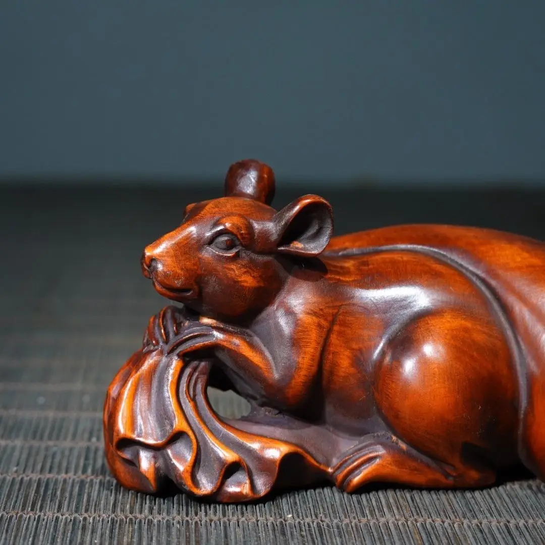 Hand Carved Wood Wealth bag mouse rat Statue Figurine Desktop Ornaments Home Decoration