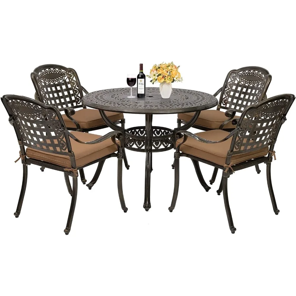 

5 Pieces Outdoor Furniture Dining Set, Cast Aluminum Round Patio Table with Umbrella Hole and 4 Cushioned Dining Chairs