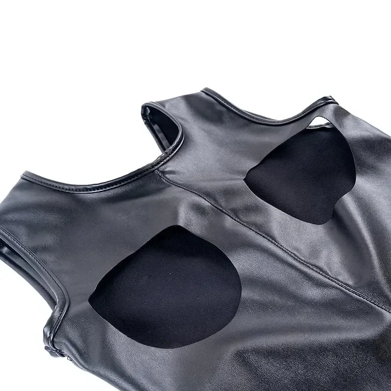 CosplaySexy Exposed Breast Skinny Lingerie with Fetish Bondage Open Crotch Leather Bodysuit for Women Flirting Exotic Costume