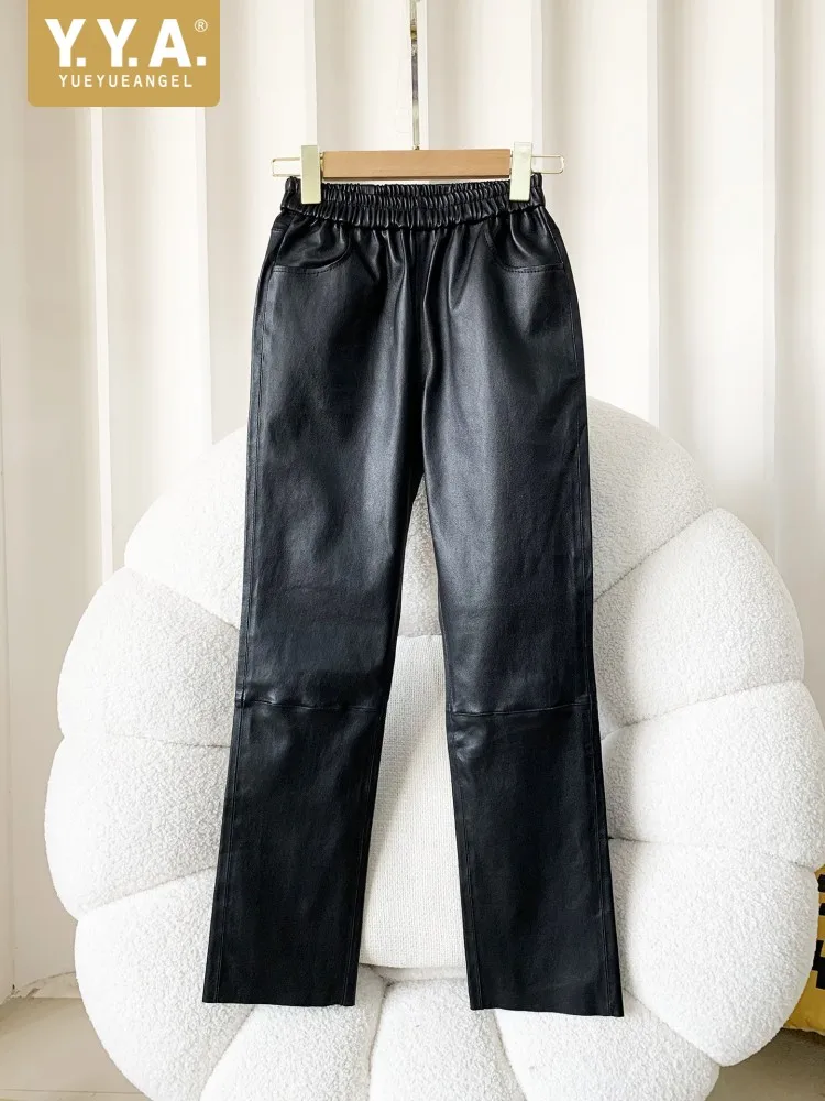 Women Genuine Leather Pants Elasitc Waist Slim Fit Spring New Black Real Sheespskin Stretchy Pencil Pants Female Casual Trousers