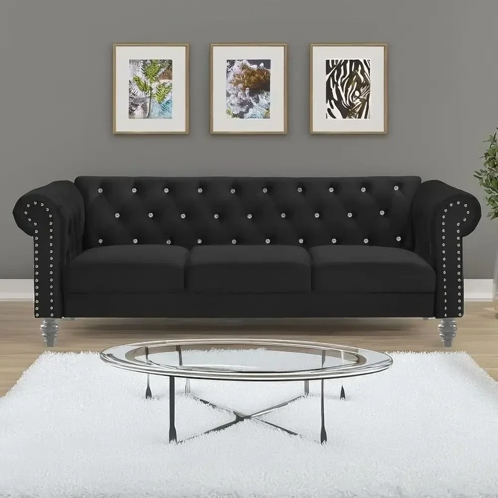 Velvet Three-Seater Chesterfield Sofa with Crystal Buttons for Small Spaces, Black