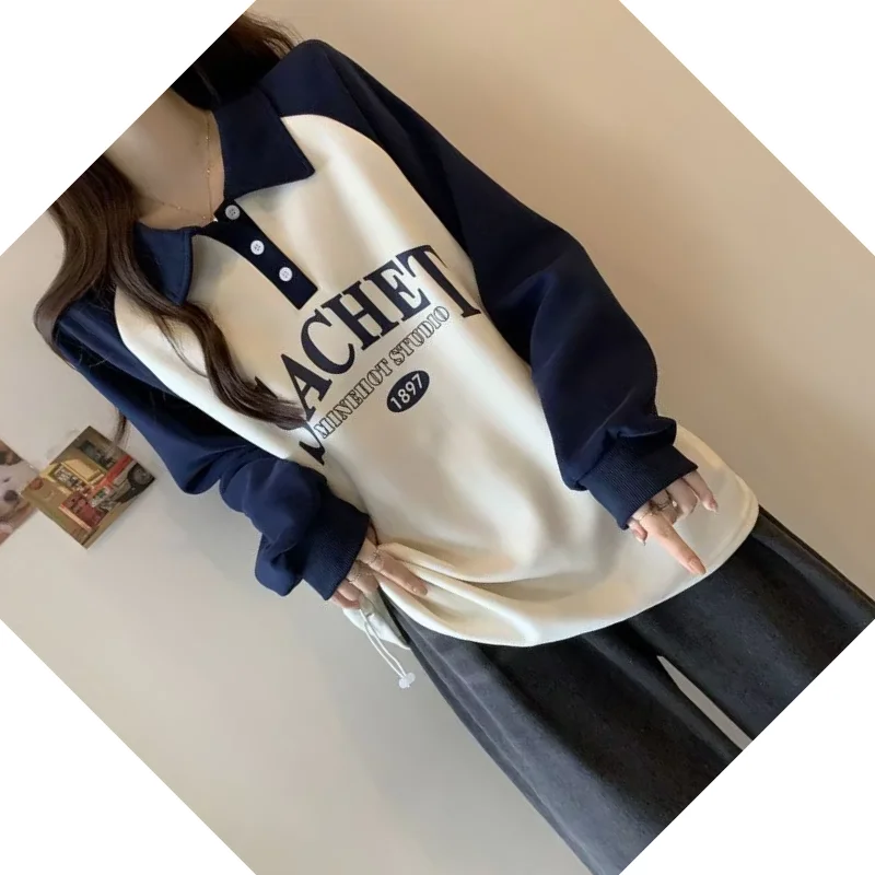 Plus-size Women's Autumn And Winter New Arrival Color-blocking Loose Slimming Letter Print Button Drawstring Long-sleeve T-shirt