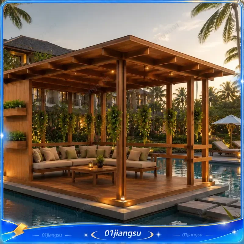 Modern Solid Teak Wood Outdoor Pergola Gazebo With Planter Luxury Garden Pavilion Patio Resort Villa Backyard Shelter