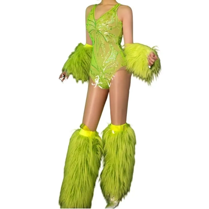 Vrouwen sexy pailletten bodysuit fluorescerend groen pluche manchet + beenbedekking + dansoutfit zanger concert stage party prestatie kostuum
