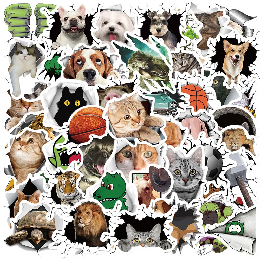 10/30/50pcs Kawaii 3D Animals Stickers Hole View Vivid Cat Decals Decoration Phone Wall Skateboard Laptop Waterproof Sticker Toy