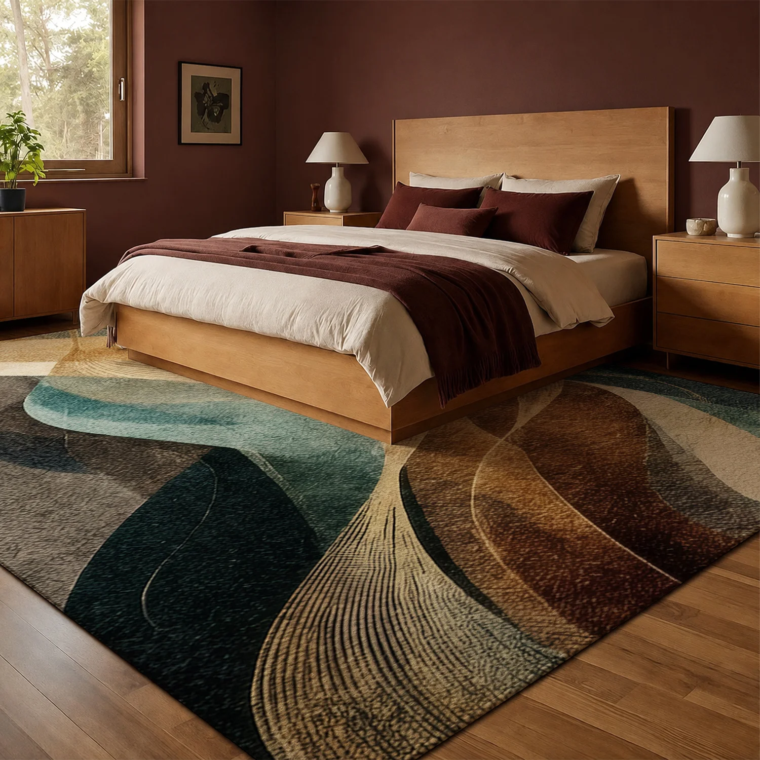 Large Indoor Area Rug, Soft Velvet Low Pile Rug with Non-Slip Dotted Backing, Machine Washable Abstract Wavy Earth Tone Teal Brown Beige Rug for Living Room, Bedroom, Entryway