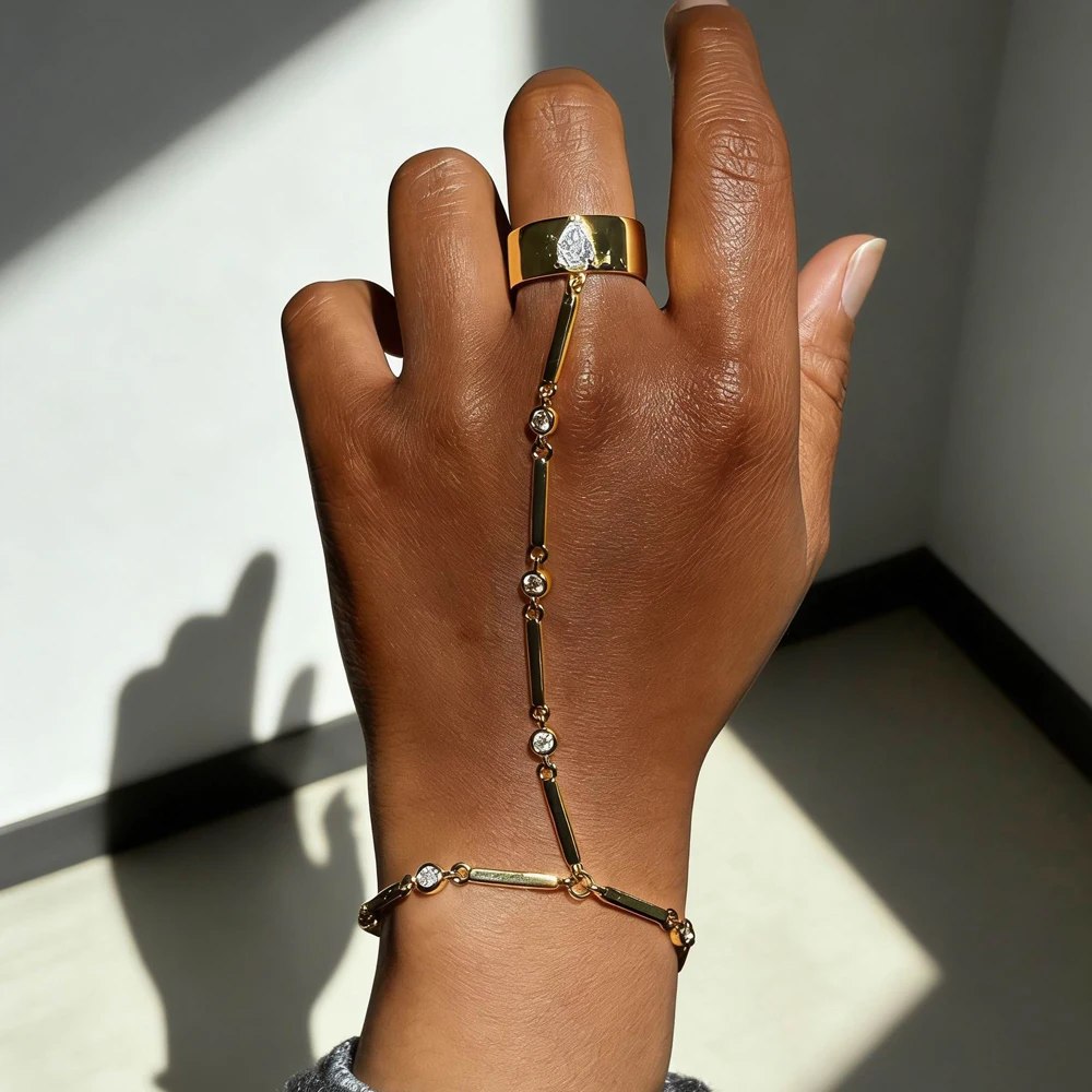Geometric Round Cubic Zirconia Dainty Hand Chain Bracelet Ring Gold Color Handmade Link Chains Connecting Hand Jewelry for Women