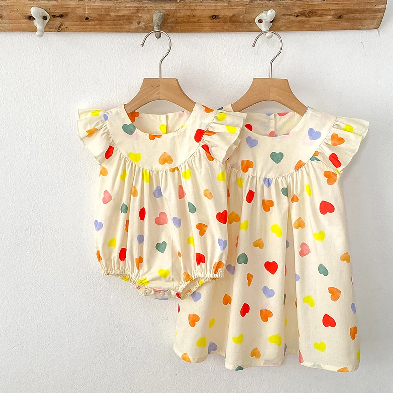 Summer Infant Kids Baby Girls Colored Sisters Dress Cotton Kids Baby Girls Valentine's Day Cartoon Love Sisters Clothes Rompers