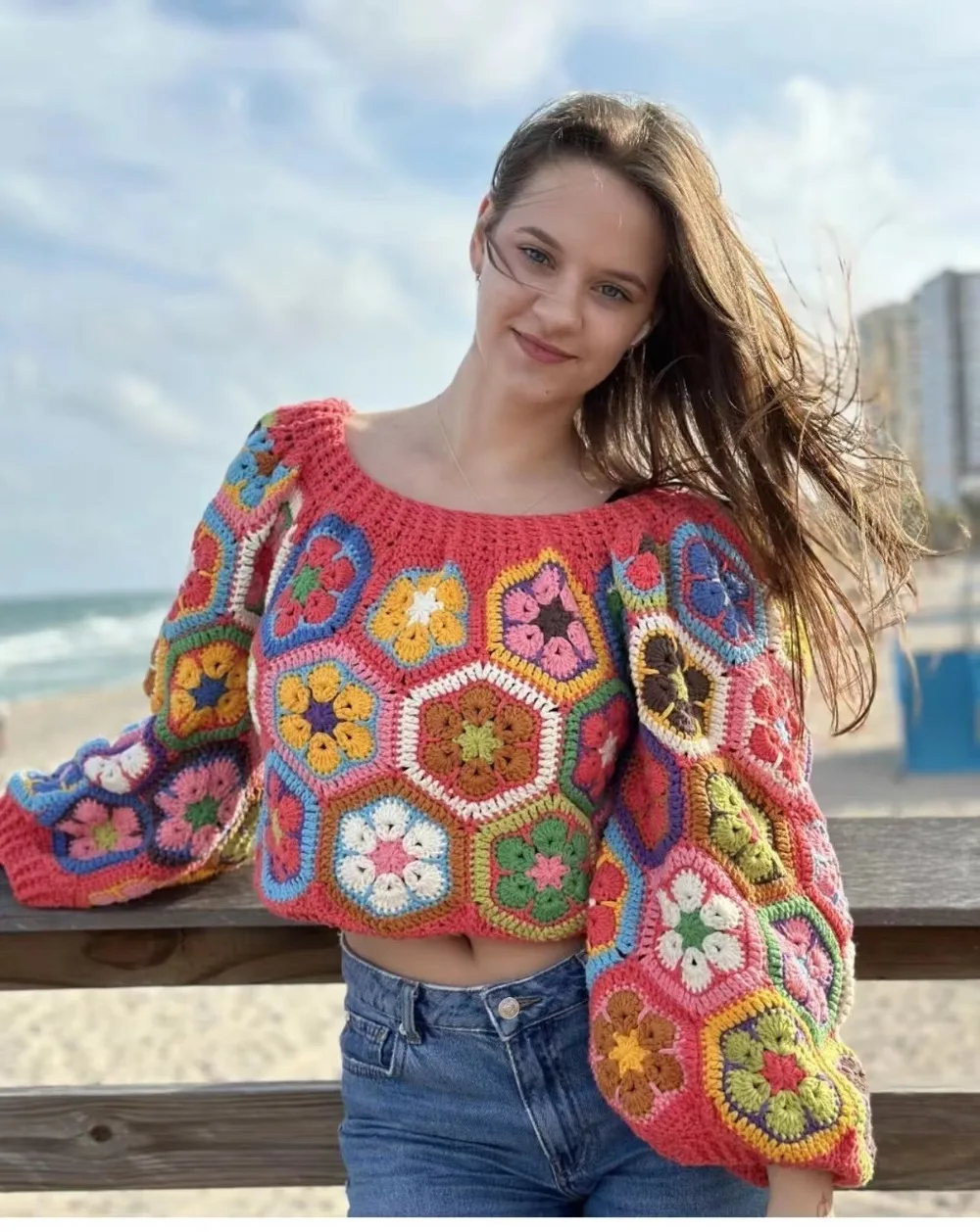 

Красочный женский свитер с круглым вырезом, короткая блузка, креативный и уникальный вязаный свитер, новый модный свободный вязаный свитер