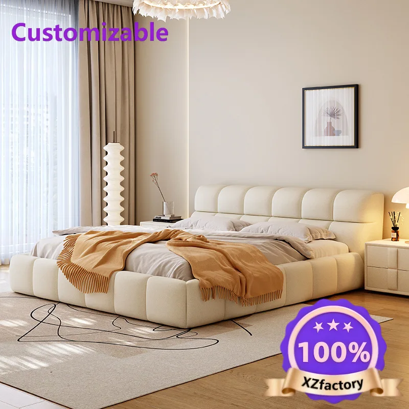 Factory Direct 2026 Top RatedCama de tela, esponjas de viento color crema, dormitorio principal, cama doble con bolsa suave y al