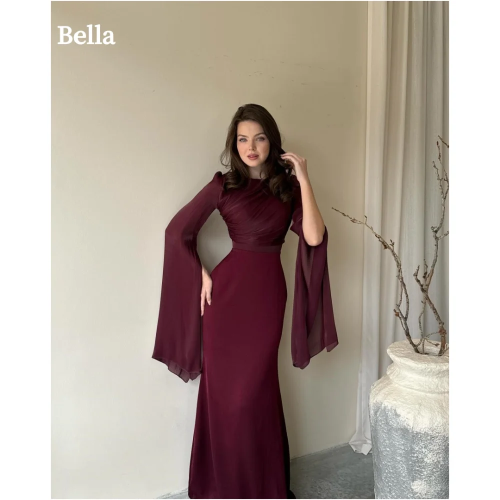 Bella Customized Bell Sleeves Mermaid robes de soirée Pearl Chiffon Evening Dresses Floor-Length Cocktail Party Wedding Dress