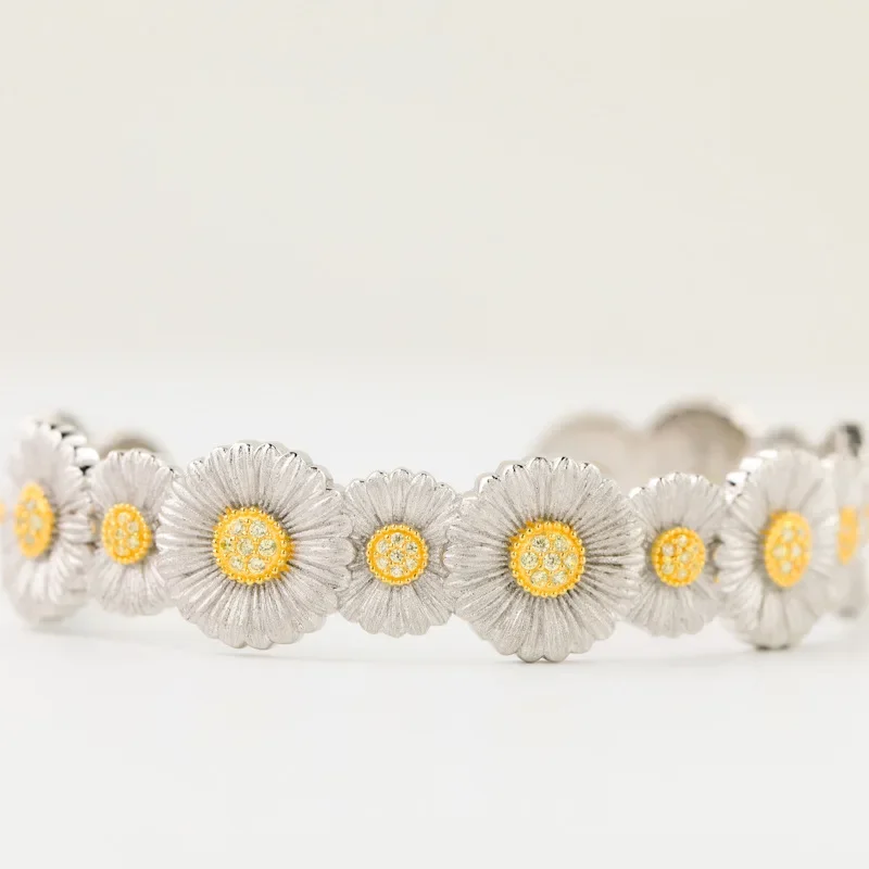 925 Sterling Silve Lovely Daisy Party Bracelet Renaissance 18K Gold Two Tone CZ Flowers Wedding Open Bangles C11B2S2203702