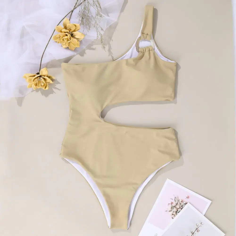 Women Monokini Single Shoulder Sexy One-piece Swimsuit Hollow Waist Decorative Rings One-piece Bikini Monokini Bathing Suit