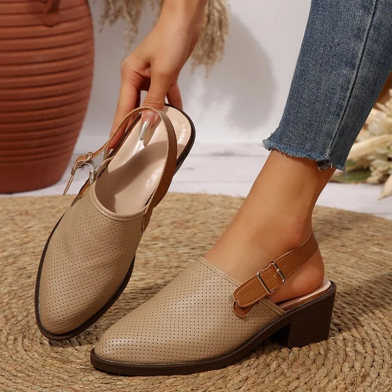 

Женские босоножки на каблуке с острым носком и глубоким вырезом с металлической пряжкой, мягкие нескользящие босоножки на блочном каблуке