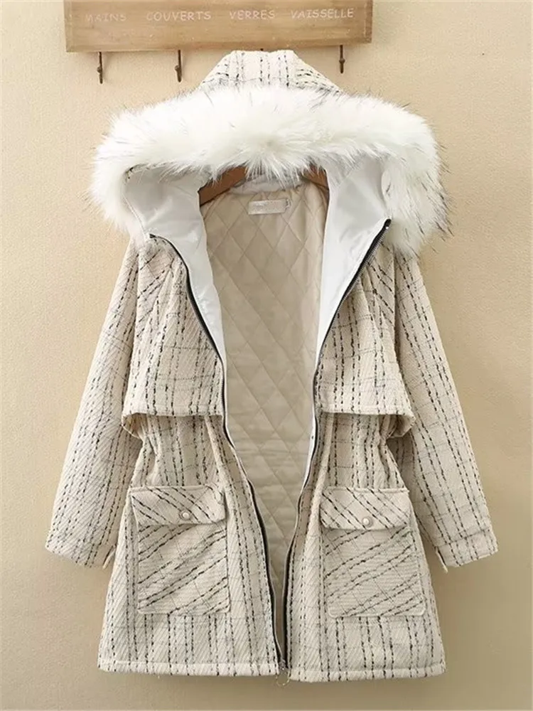 Plus Size Damen bekleidung Qualität Winter jacke abnehmbarer Pelz kragen mit Kapuze, Baumwolle und verdicktem Wind breaker Tweed Stoff