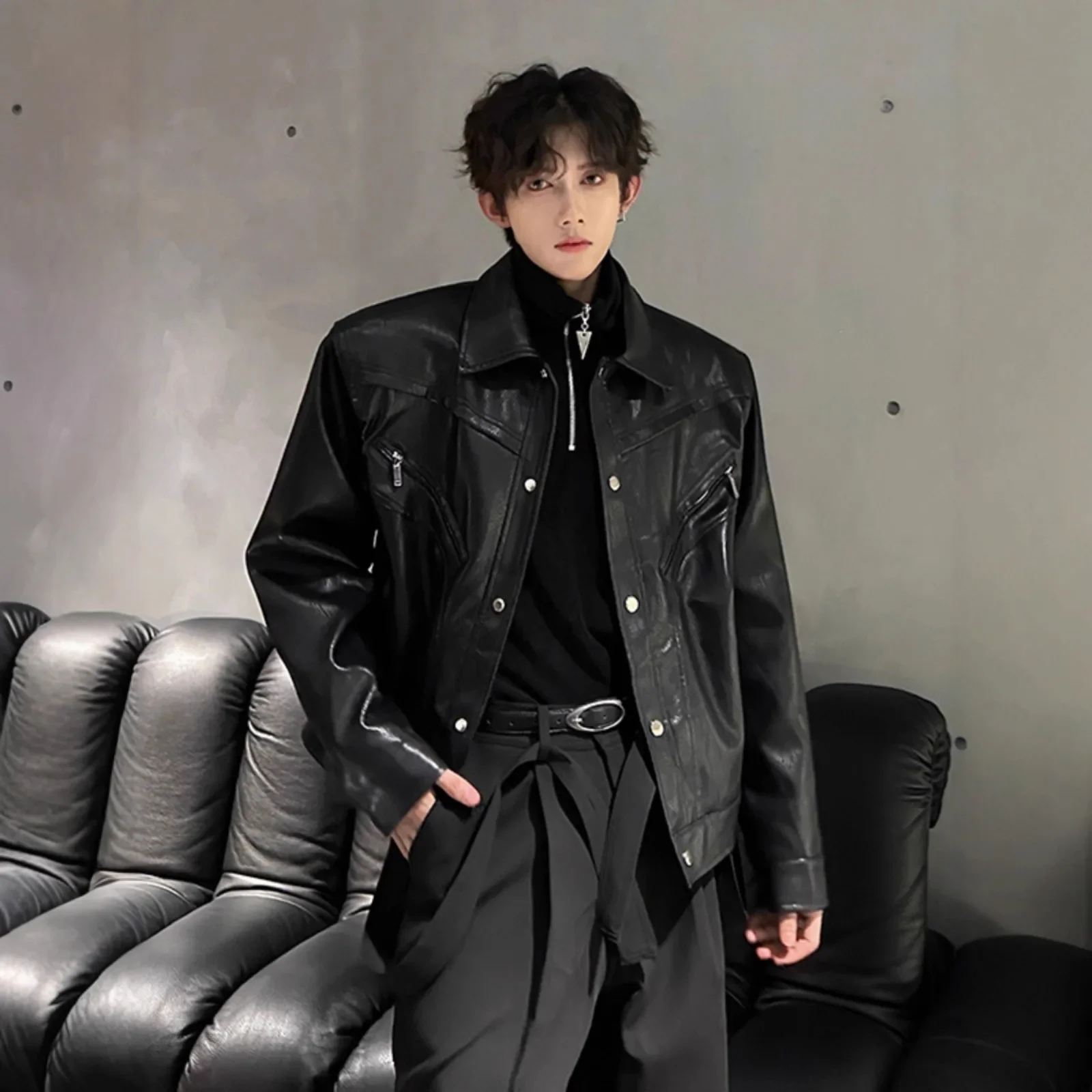 Spring Autumn New American Style Flip Collar Motorcycle Jacket Casual Loose Cleanfit Short Padded Shoulder Leather Jacket Men's