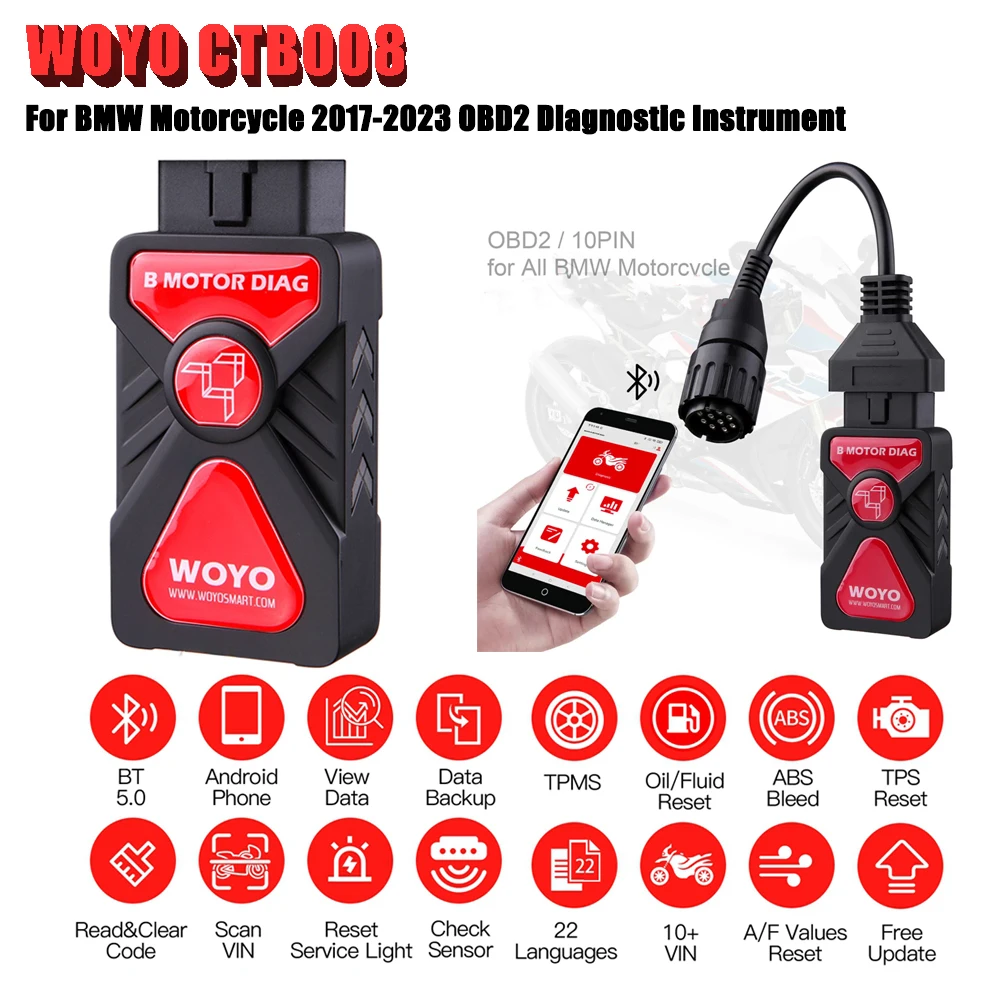 WOYO CTB008 for BMW Motorcycle BT5.0 Wireless Read Clean Code Reset Service Interval ABS Tester 10-pin OBD2 Diagnostic Tool