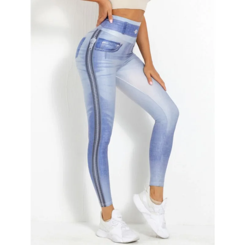 Fake Denim Sports Fitness Pants Women Side Zipper Tights High Waist Butt Liftting Leggings for Women Slim Stretchy Barbie Pants