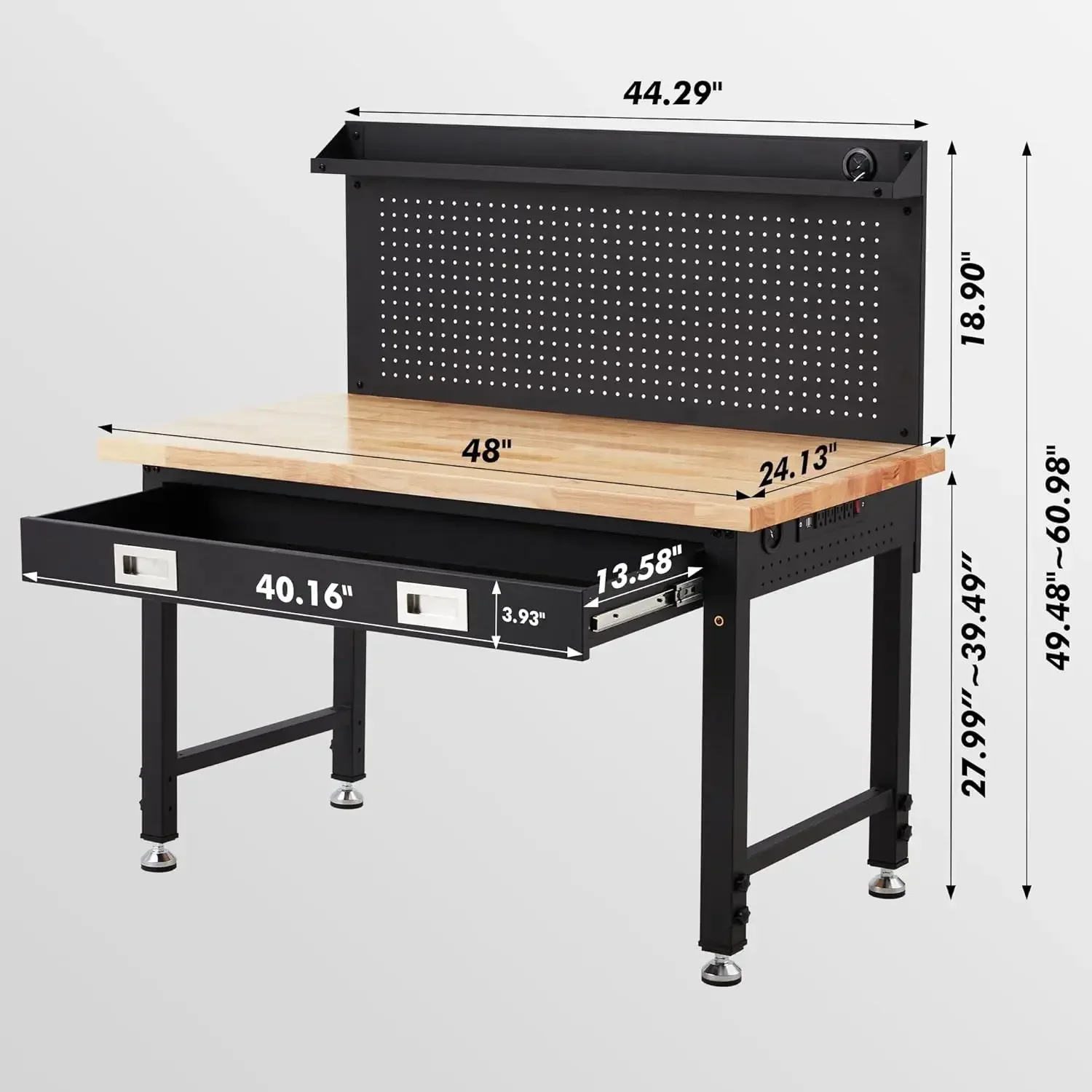 Bancada de trabalho com armazenamento, bancada de mesa de madeira dura com estrutura de metal para garagem com gavetas, capacidade de peso de 2.000 libras 49,5"-61" Adj