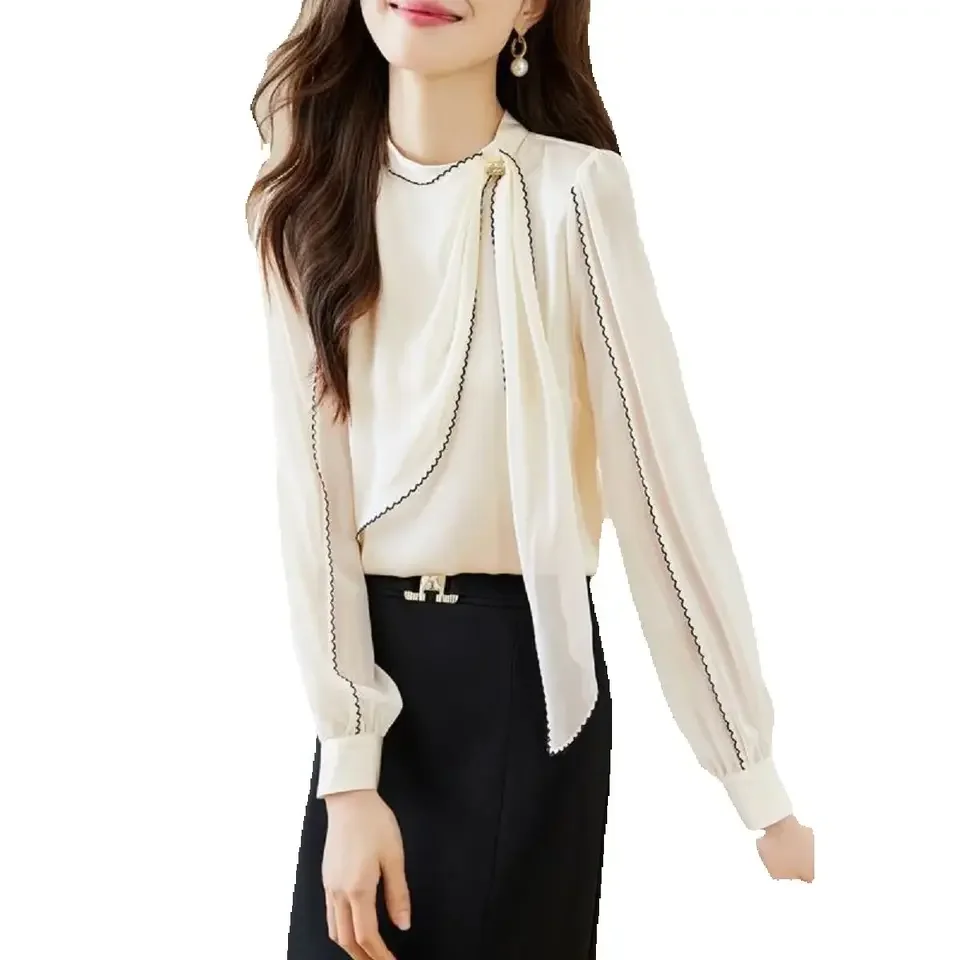Womens  T-shirt Korean Fashion Puff Long Sleeve Button Down Tunic Blouses Fall Tops 2025 Ruffle Cuffs Dressy Casual Clothing