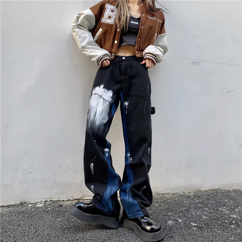 

HOUZHOU Black Baggy Jeans Woman Graffiti Paint Vintage Pants Streetwear Y2k High Waist Wide Leg Denim Trousers Gothic Style