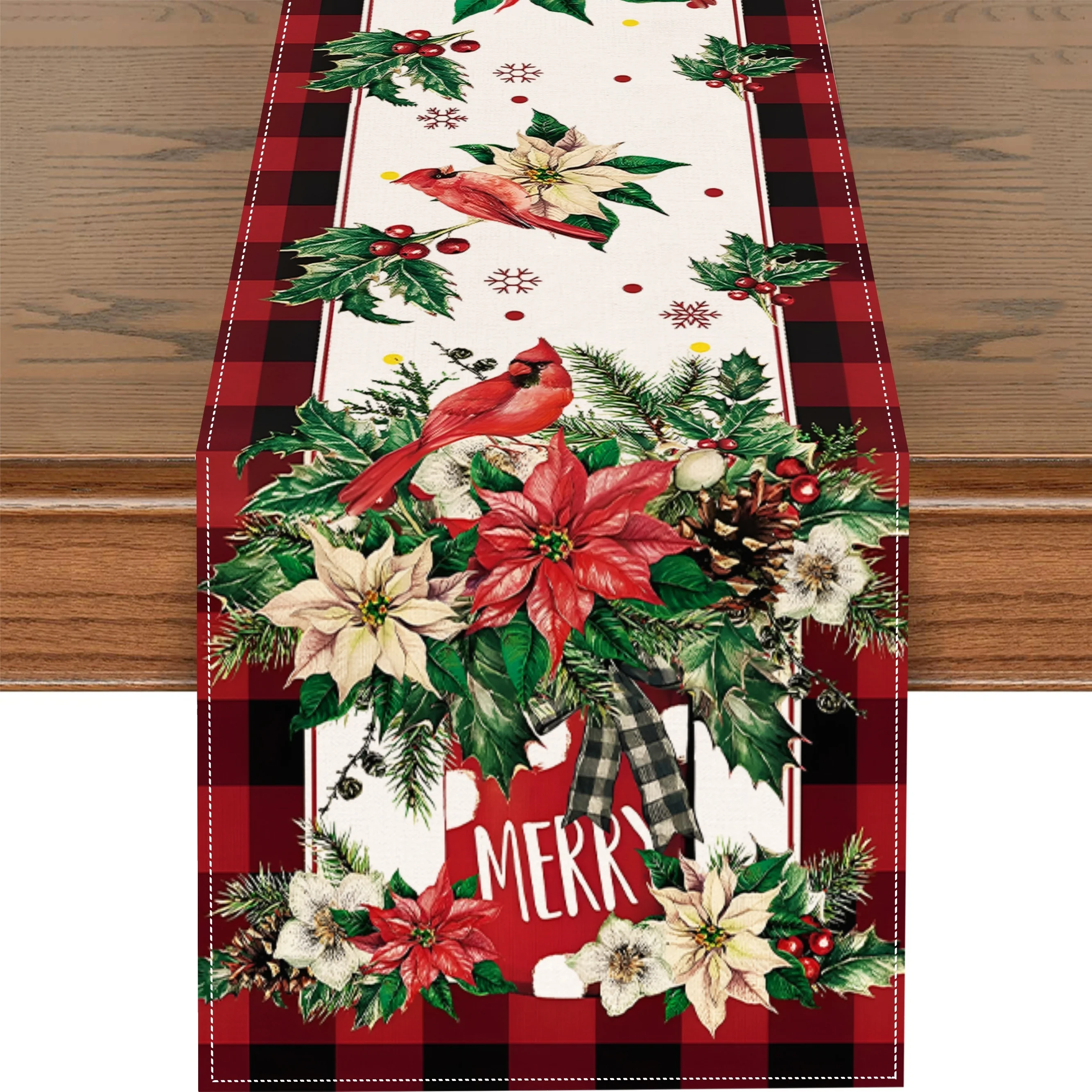 Christmas Table Runner - Christmas Cardinal Poinsettia Table Runner Red