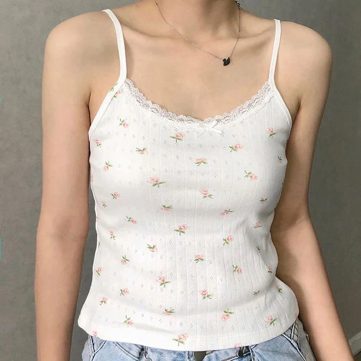 

Lace Trim Flower Crop Tops Women Summer Clothes 2024 Waffle Cotton Sexy 2000s Y2K Camisole Tanks Girls Chic Cute Kawaii Tank Top