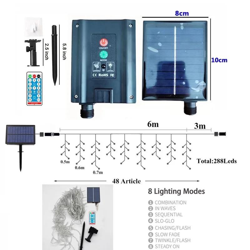 6M 288LED Solar Christmas Lights Icicle String Lights Waterproof Curtain Light For Home Bedroom Patio Yard Garden Wedding Party