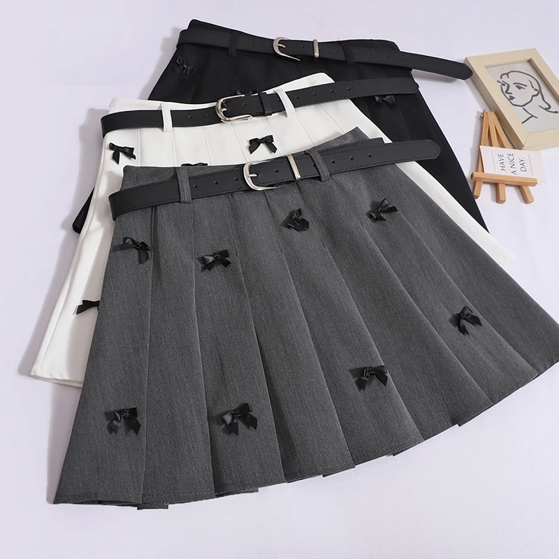 

ITOOLIN Summer Women Chic Bowknot Embroidery Mini Skirts With Belt Preppy High Waist Sweet A-line Skirts Women Office Skirts