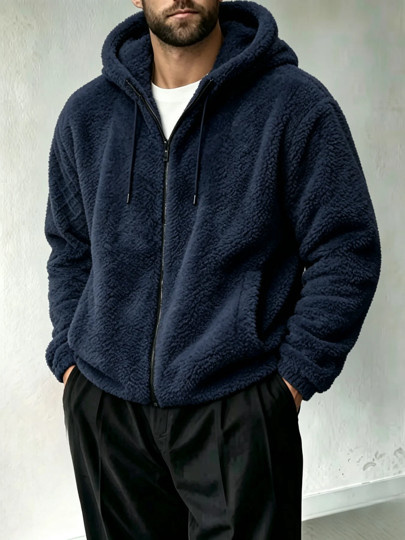 Men Sherpa Zip Up Hoodie Casual Loose Long Sleeve Solid Color Hooded Jacket Daily Streetwear