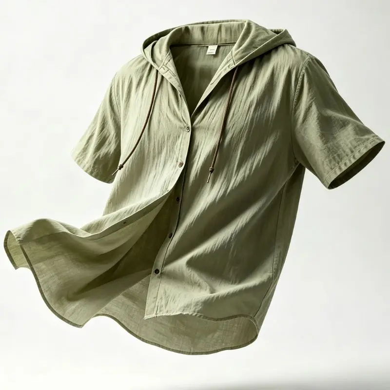 Cotton Linen Shirt for Men Hooded Short Sleeve Solid Color Breathable Lightweight Drawstring Design Shirts Casual Tees