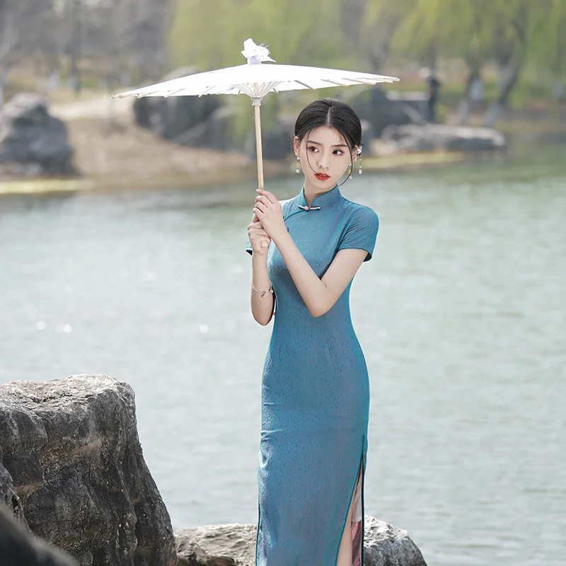 

Summer High Slit Long Blue Sexy Cheongsam Elegant Vintage Chinese Traditional Style Evening Dress Modern Qipao for Women Party