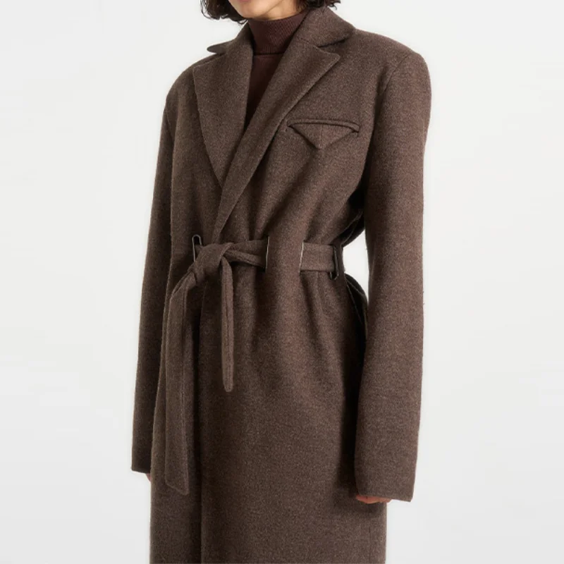 

Vintage Long Woolen Blend Overcoats for Women Lapel Full Sleeve Maxi Coat with Waistbelt Shoulder Pad Jacket New Winter Outwears