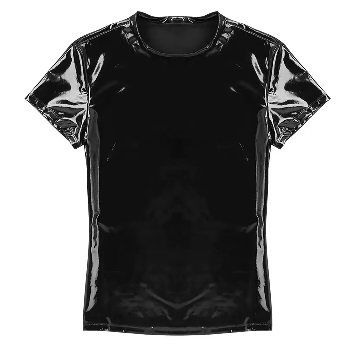 Men Short Sleeve Tee-Shirt Plus Size S-5XL Casual Wear PVC Faux Leather Shiny Tops Glossy Corset Round Collar T Shirt Tight Coat