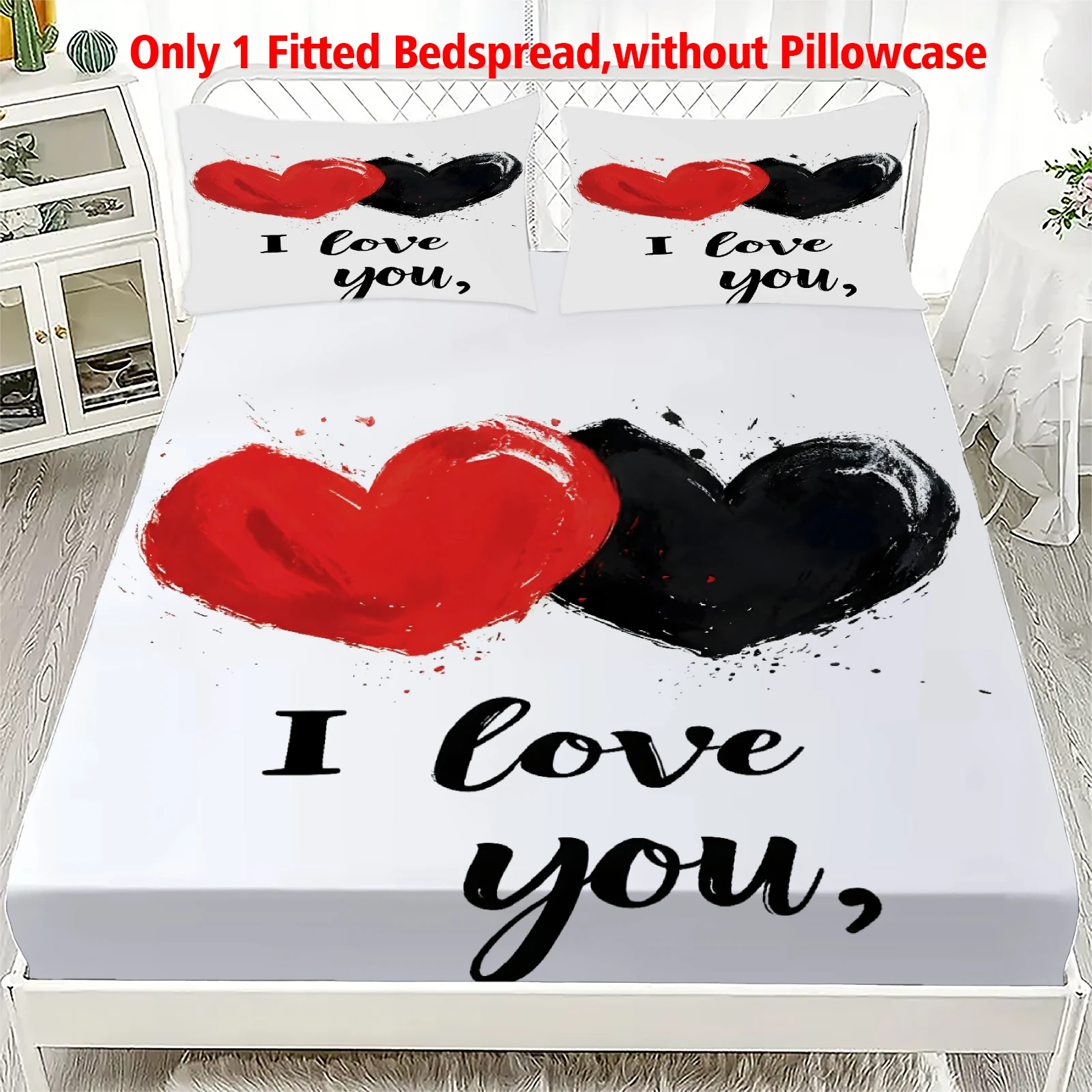 1pc Blaack Red Love Heart Print Fitted Sheet 100% Polyester Durable Bedding Set Sheet for Home Bedroom Decoration Birthday Gift