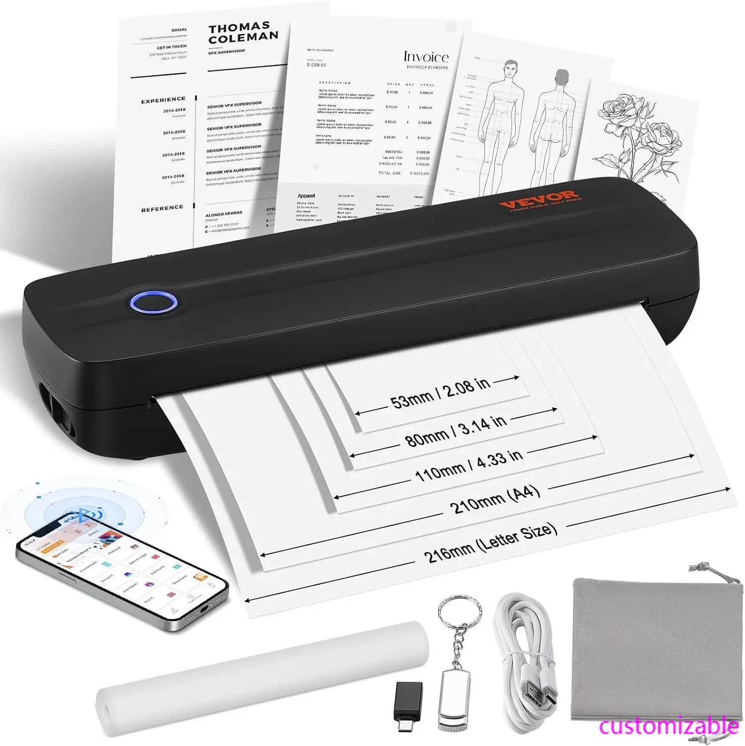 

Portable Thermal Printer - 2600mAh Battery, 300 DPI, Bluetooth Inkless Mobile Printer for A4, A5 & 8.5" x 11" Thermal Paper
