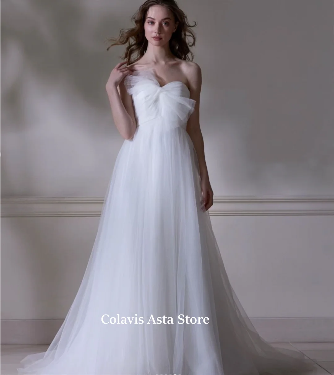 Japan Style Customized Simple Wedding Dress Korea A-Line Sleeveless White Tulle Bride Dresses Open Back Bridal Gowns