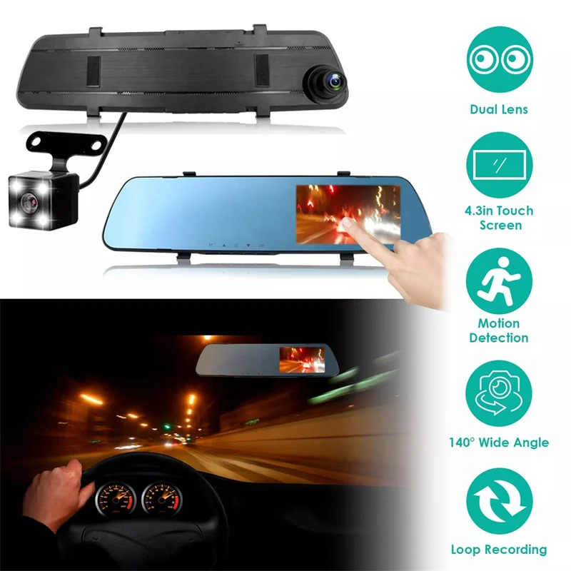 Mirror Dashcam Full HD Cycle Recording Car DVR Dash Camera 4.3 Inch Car Electronics Rear View Dual Lens 1080P&480P
