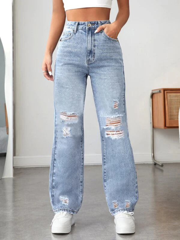 2024 women's hot light blue jeans women's ripped wide leg jeans loose comfortable slimming all-match out