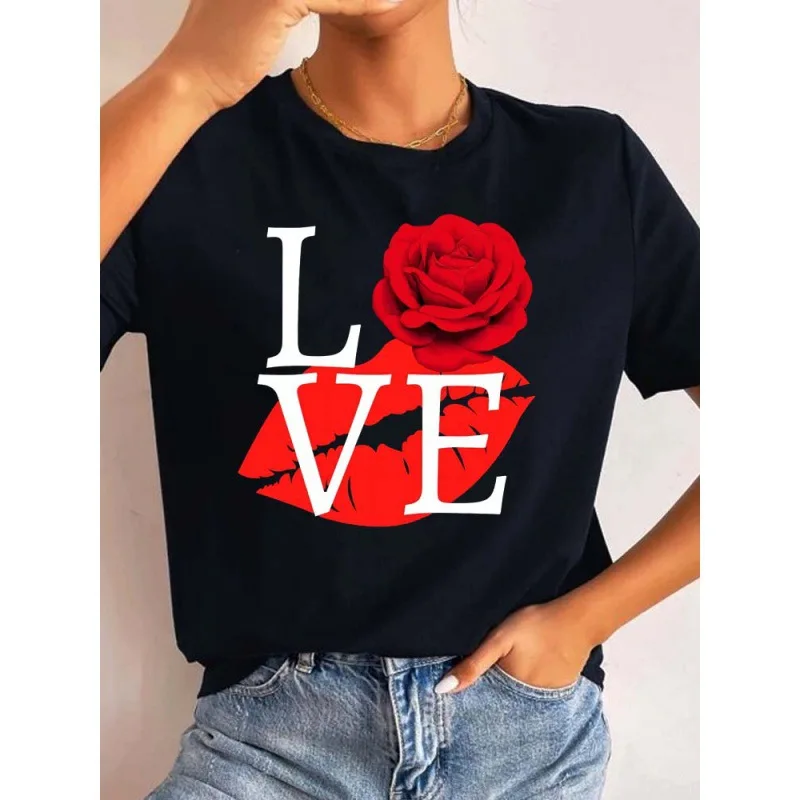 

Love Leopard Lips Flower Print Women T Shirt Short Sleeve O Neck Loose Women Tshirt Ladies Tee Shirt Tops Camisetas Mujer