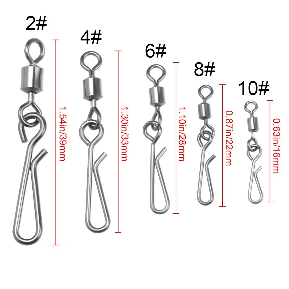 Connecteur de pêche à pression en acier inoxydable, roulement pivotant pour crochet de leurre, boule robuste, 20 pièces 2 #-10 #