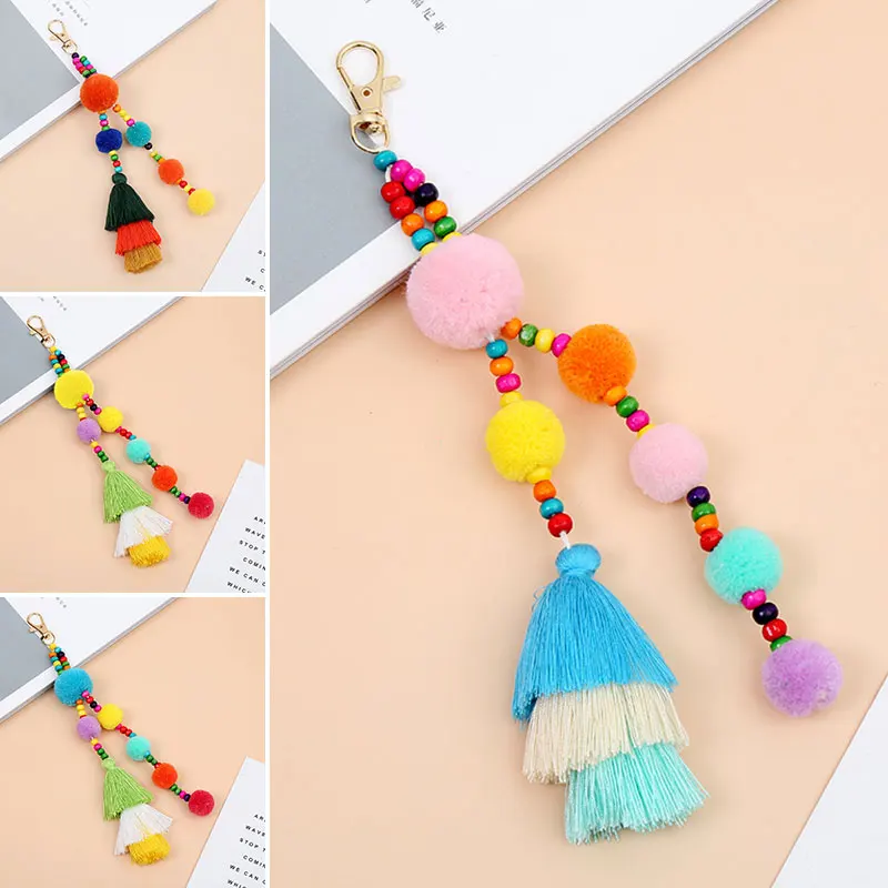 Big Plush Ball With Fringes Key Chain Bohemia Women\'s Purse Bag Charm Pompom Tassel Keychains Jewelry Diy Handmade Key Ring