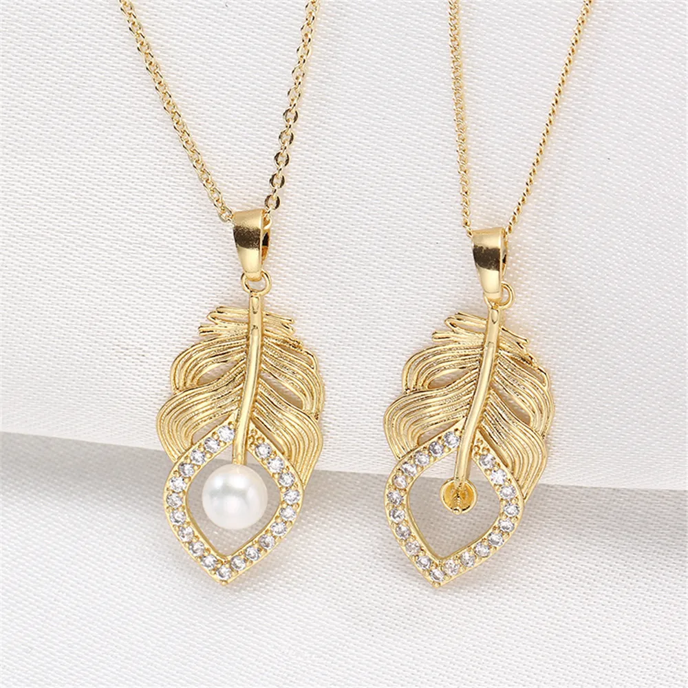 

Domestic 14k Gold Plated Color Retaining Pearl Leaf Pendant with Pendant Necklace Inlaid Zircon DIY Accessories for Women