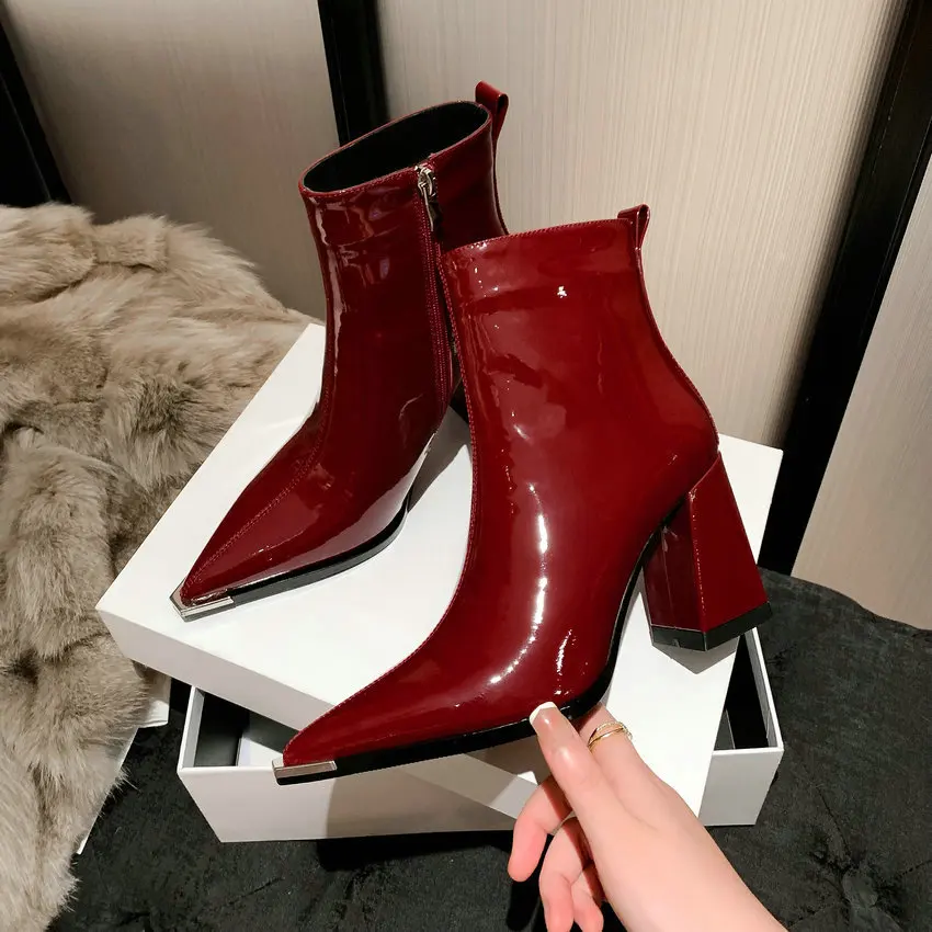 QUTAA 2024 High Heels Women Ankle Boots Zipper Autumn Winter Genuine Leather Shoes Woman Pointed Toe Office Lady Size 34-39