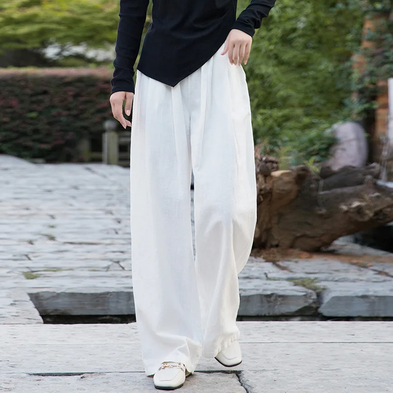 Yourqipao Pantaloni estivi in ramie di canapa e cotone Lavaggio con sabbia Pantaloni dritti casual retrò pizzicati in stile cinese per le donne