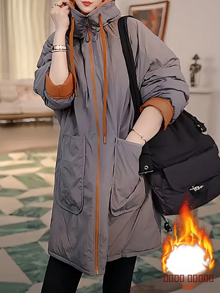 معطف مبطن بغطاء للرأس من Thiened Lazy Sle فضفاض مناسب للنساء من القطن Jaet متوسط الطول معطف كوري Sle للتنقل من ألياف البوليستر