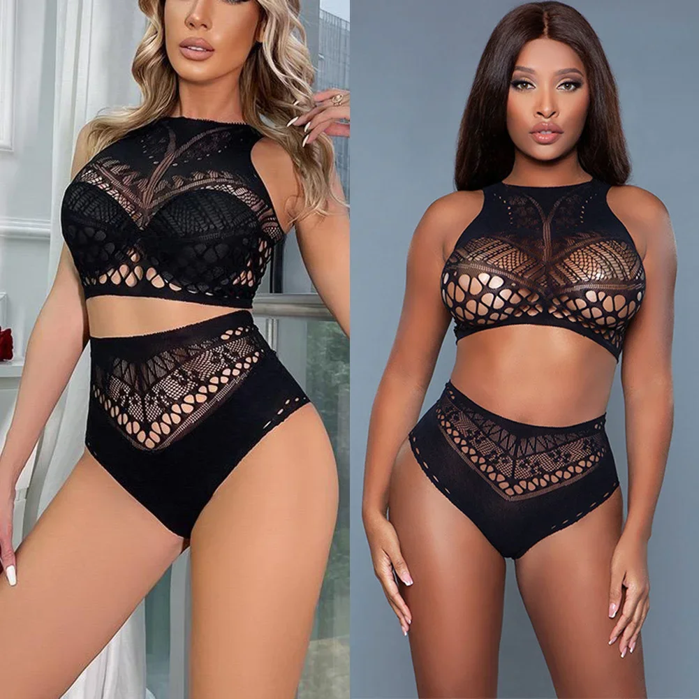 ชุดชั้นในสุดเซ็กซี่แบบตาข่ายสำหรับผู้หญิงชุดชั้นในแบบสองชิ้นชุดบรากางเกงในแบบตาข่ายชุดชั้นในชุดบอดี้สูทซีทรูสีดำ